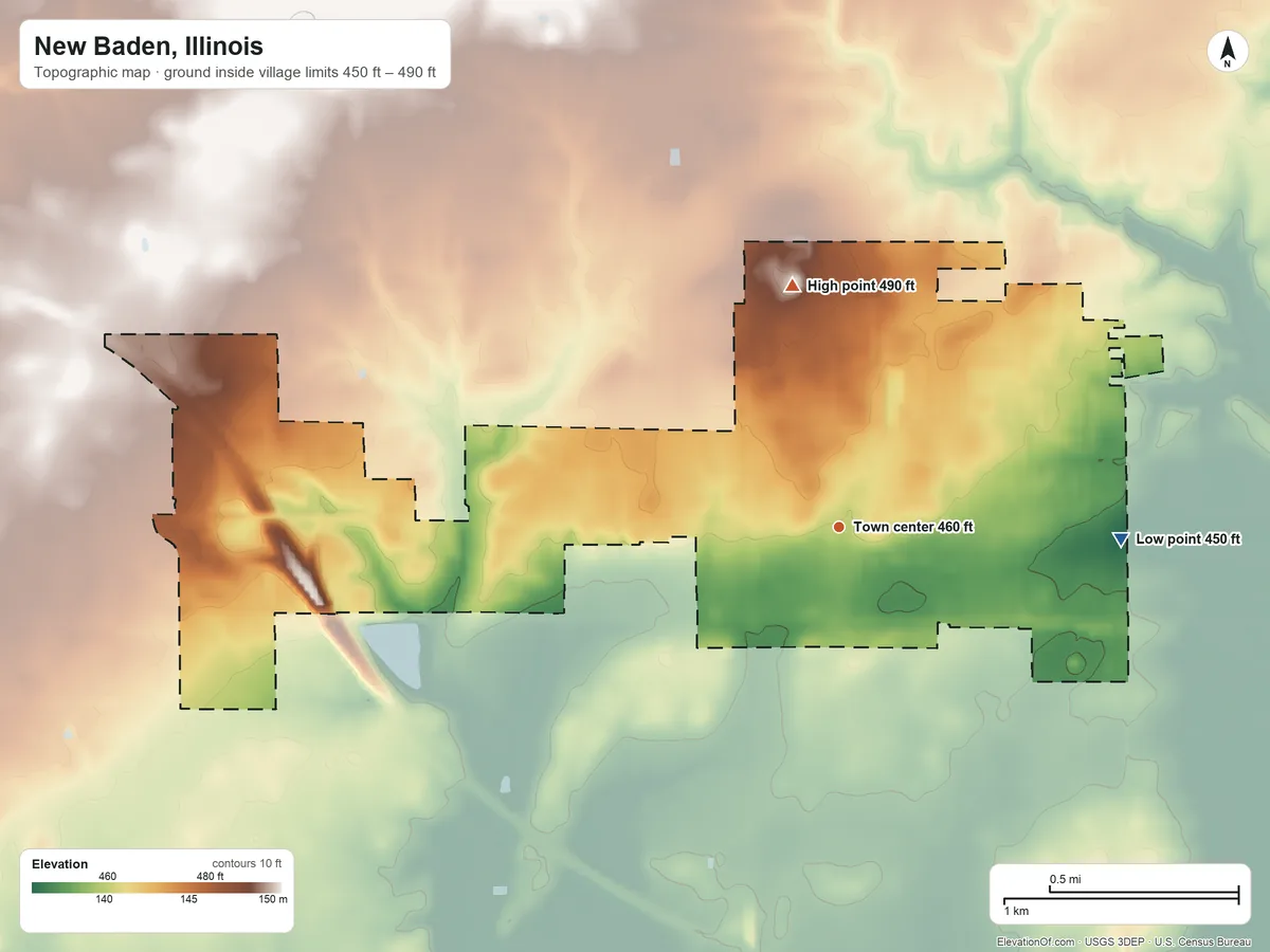 Topographic elevation map of New Baden, Illinois, shaded from 450 ft on the east side to 490 ft on the north side