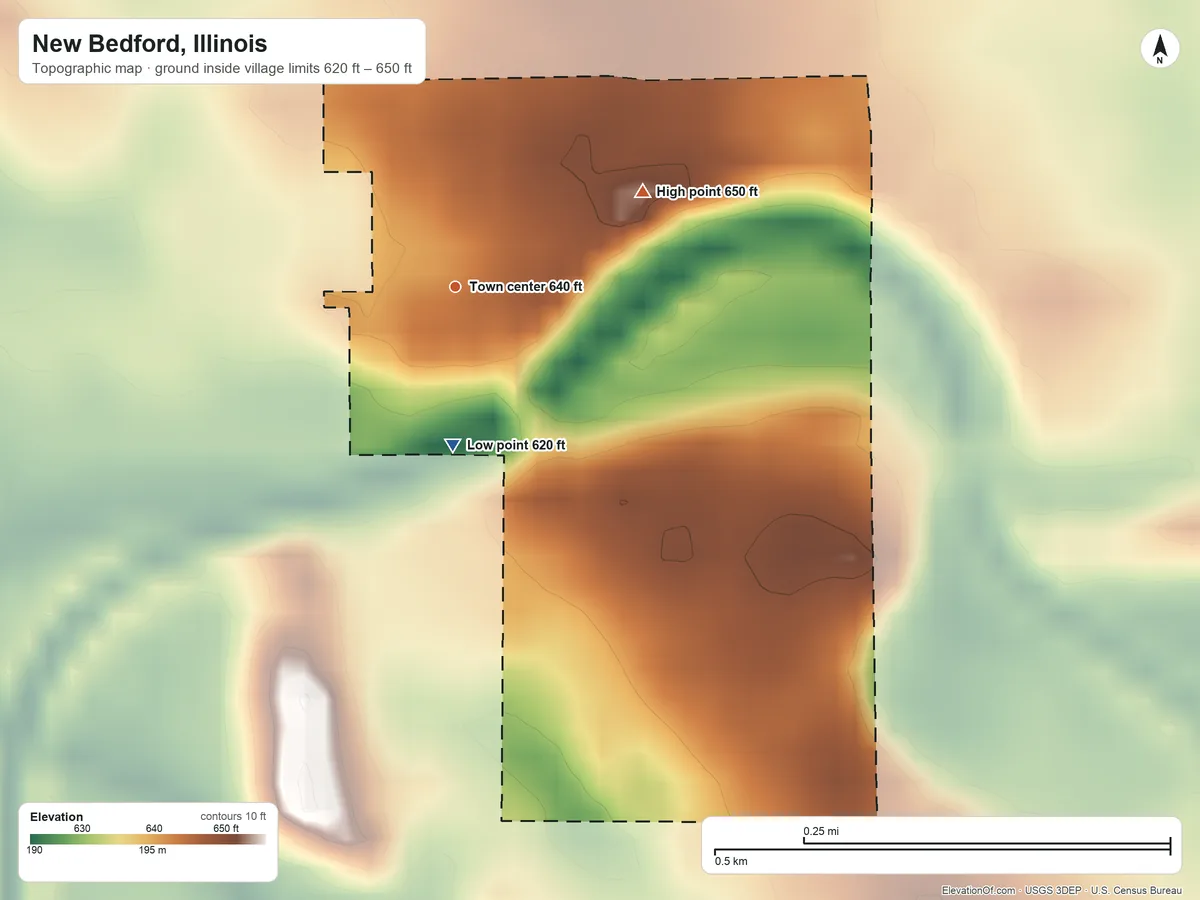 Topographic elevation map of New Bedford, Illinois, shaded from 620 ft on the south side to 650 ft on the northeast side