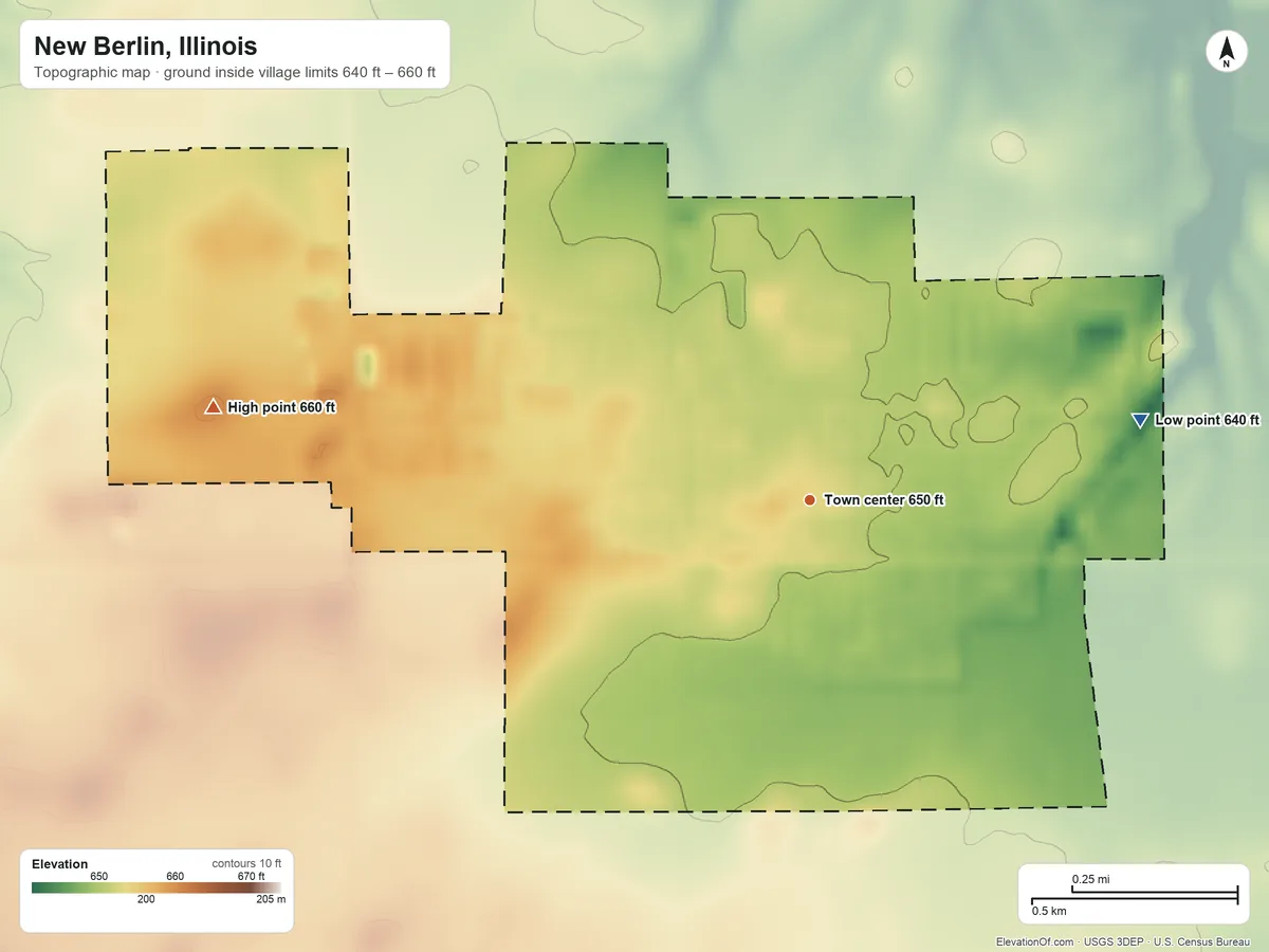 Topographic elevation map of New Berlin, Illinois, shaded from 640 ft on the east side to 660 ft on the west side