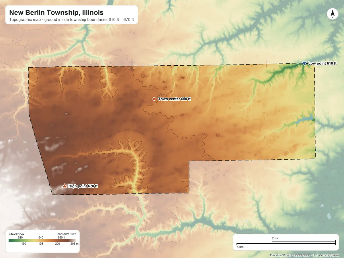 Topographic elevation map of New Berlin Township, Illinois, shaded from 610 ft on the east side to 670 ft on the southwest side