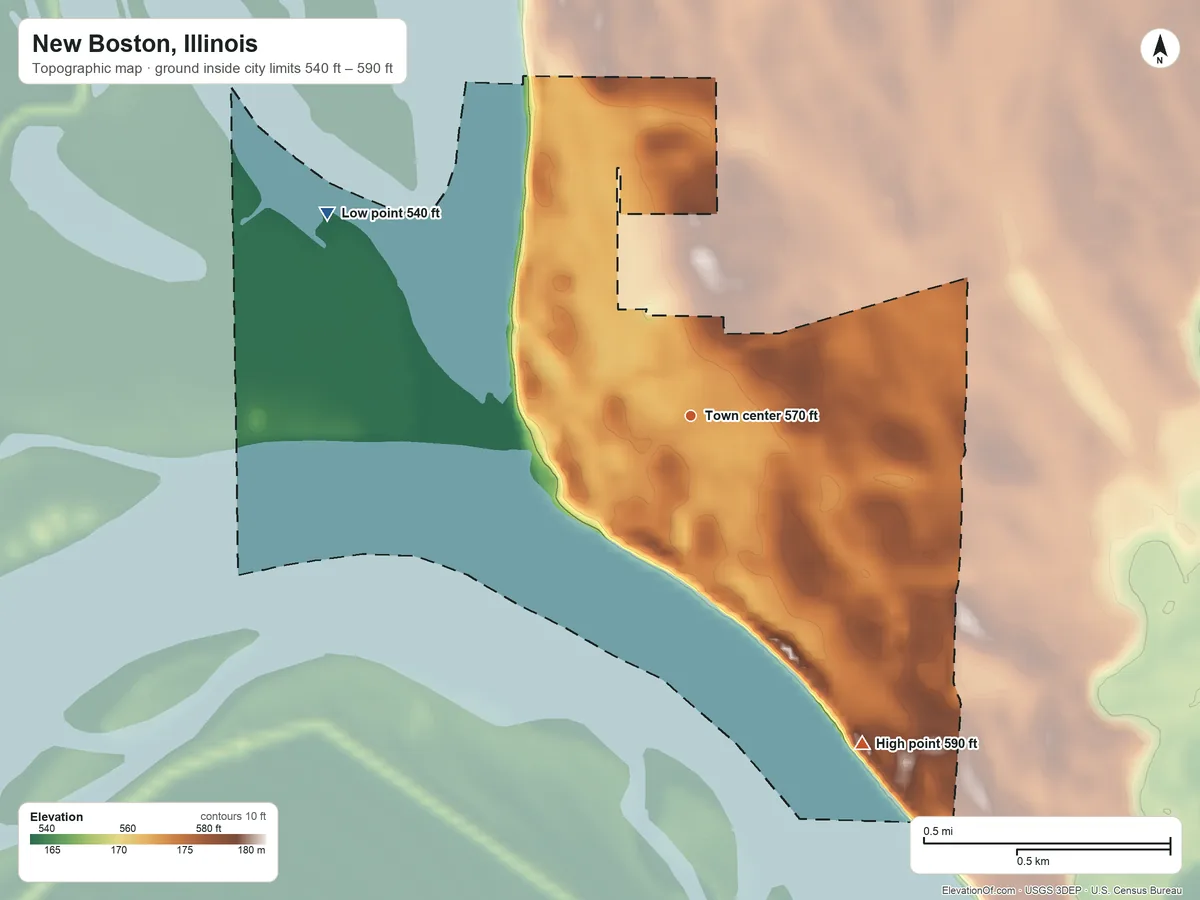 Topographic elevation map of New Boston, Illinois, shaded from 540 ft on the northwest side to 590 ft on the southeast side