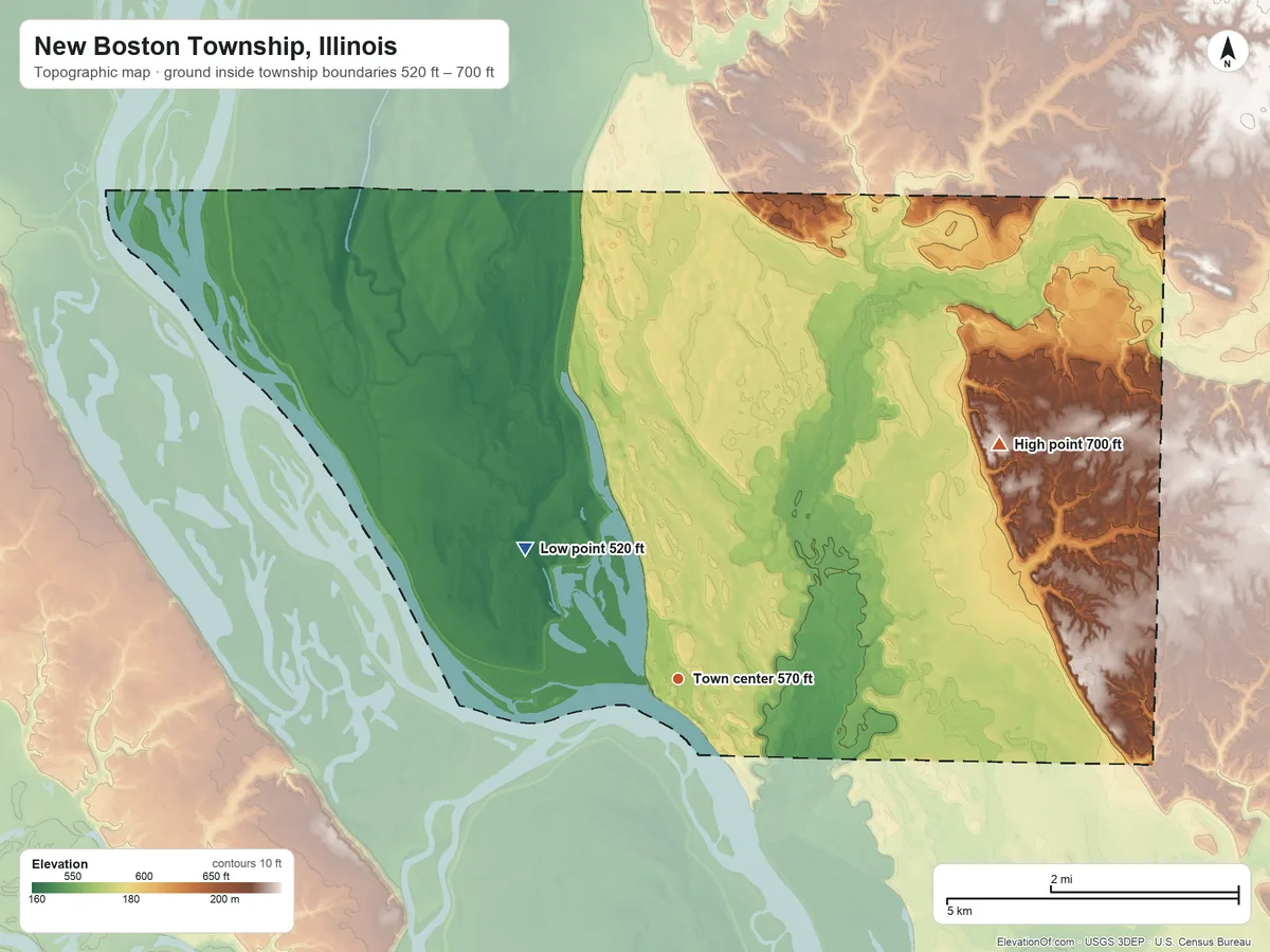 Topographic elevation map of New Boston Township, Illinois, shaded from 520 ft on the northwest side to 700 ft on the northeast side