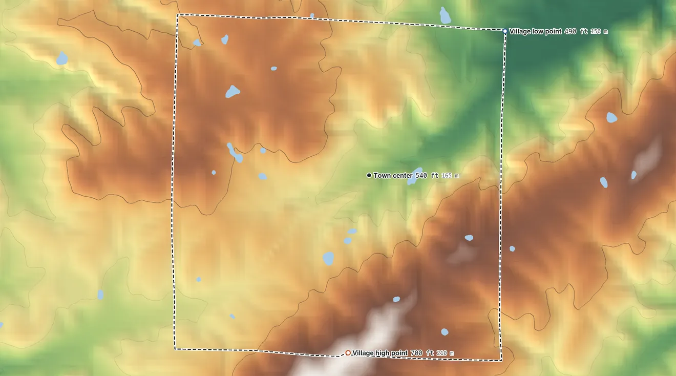 Topographic elevation map of New Burnside, Illinois, shaded from 490 ft on the northeast side to 700 ft on the south side