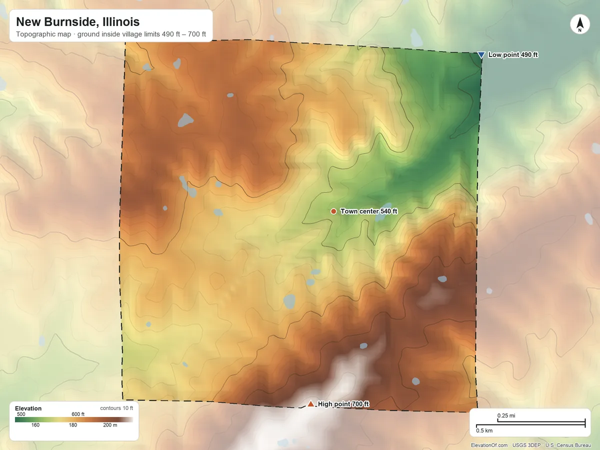 Topographic elevation map of New Burnside, Illinois, shaded from 490 ft on the northeast side to 700 ft on the south side