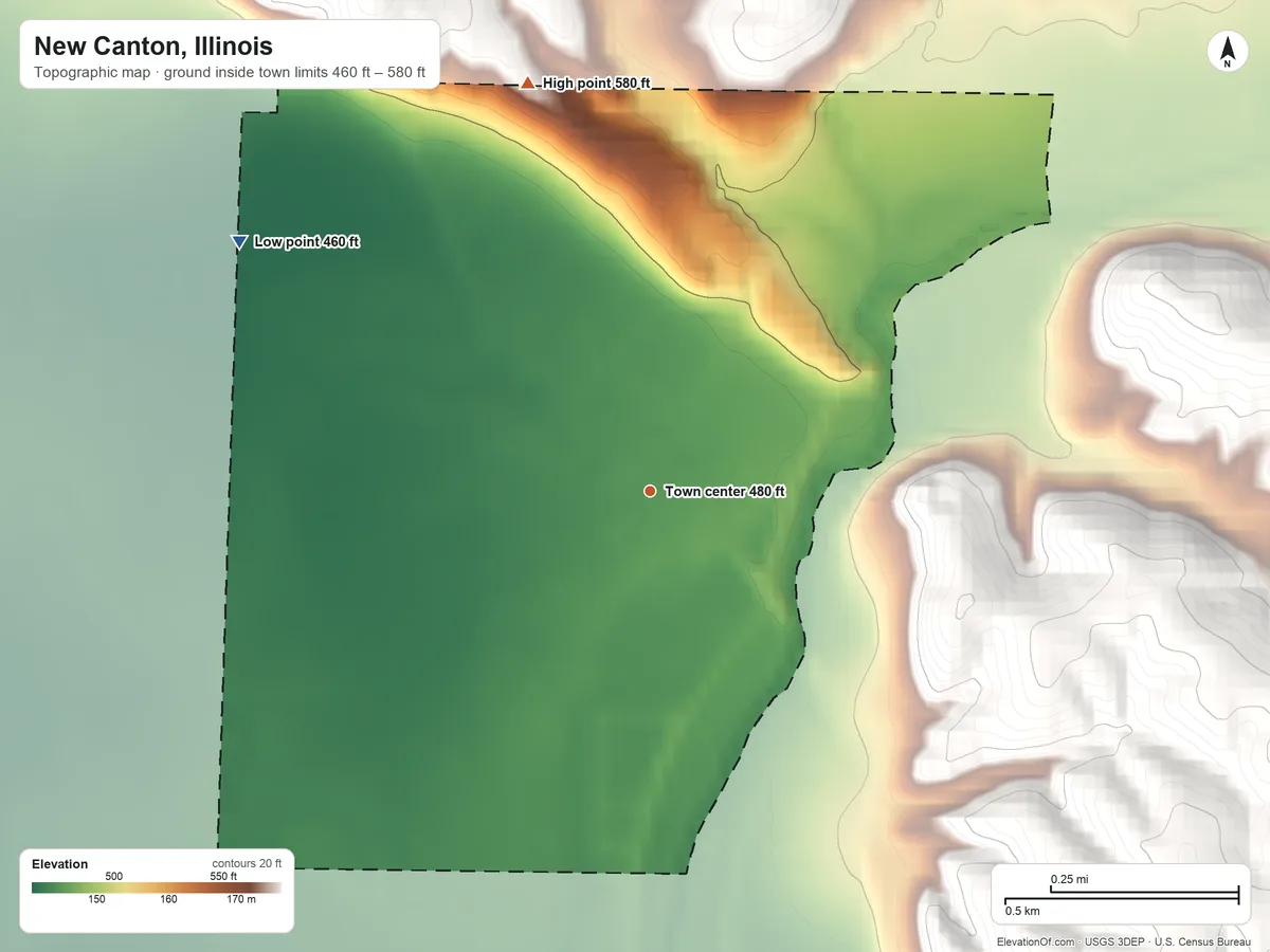 Topographic elevation map of New Canton, Illinois, shaded from 460 ft on the northwest side to 580 ft on the north side