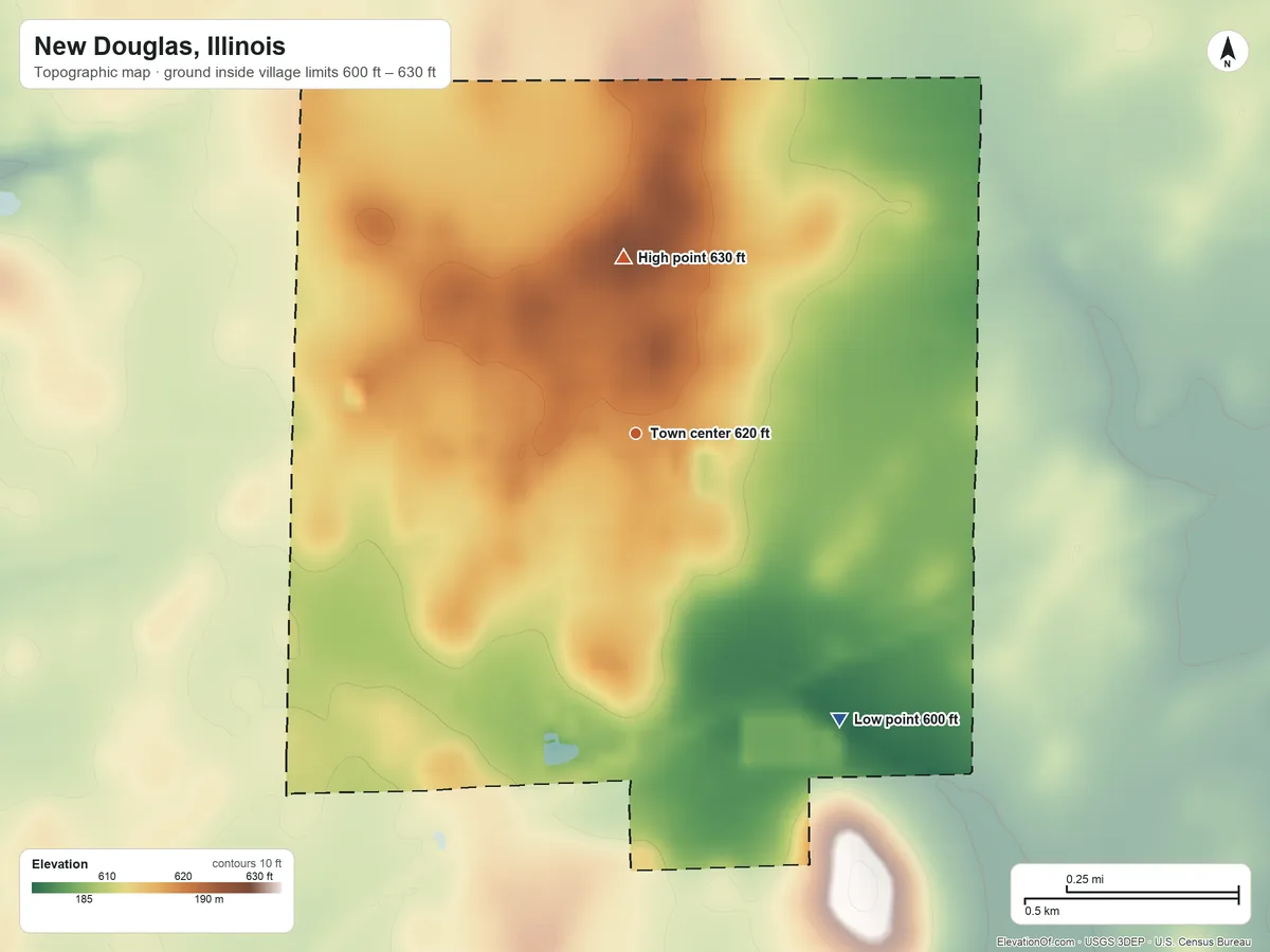 Topographic elevation map of New Douglas, Illinois, shaded from 600 ft on the southeast side to 630 ft on the north side