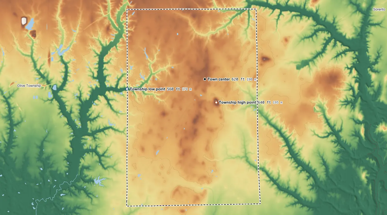 Topographic elevation map of New Douglas Township, Illinois, shaded from 560 ft on the west side to 640 ft on the southeast side