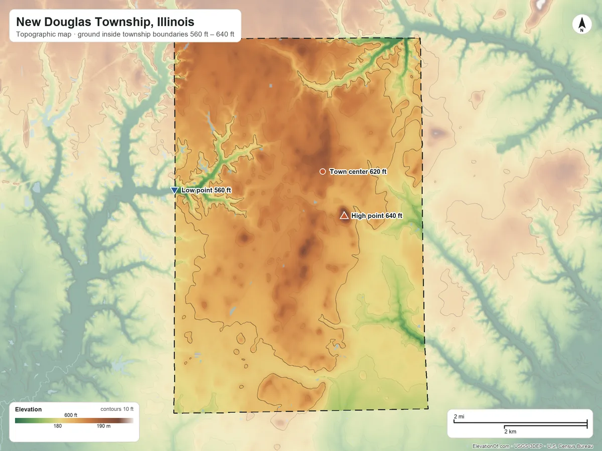 Topographic elevation map of New Douglas Township, Illinois, shaded from 560 ft on the west side to 640 ft on the southeast side