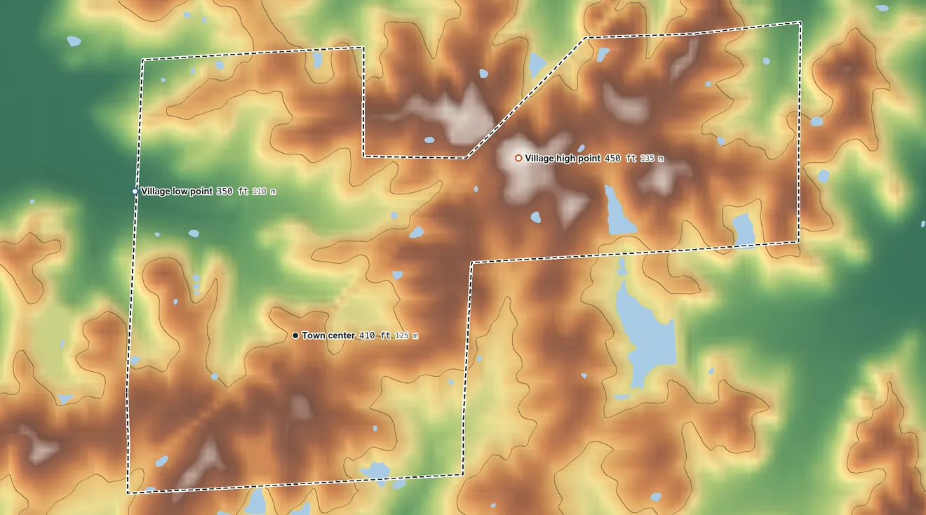 Topographic elevation map of New Grand Chain, Illinois, shaded from 350 ft on the northwest side to 450 ft on the northeast side