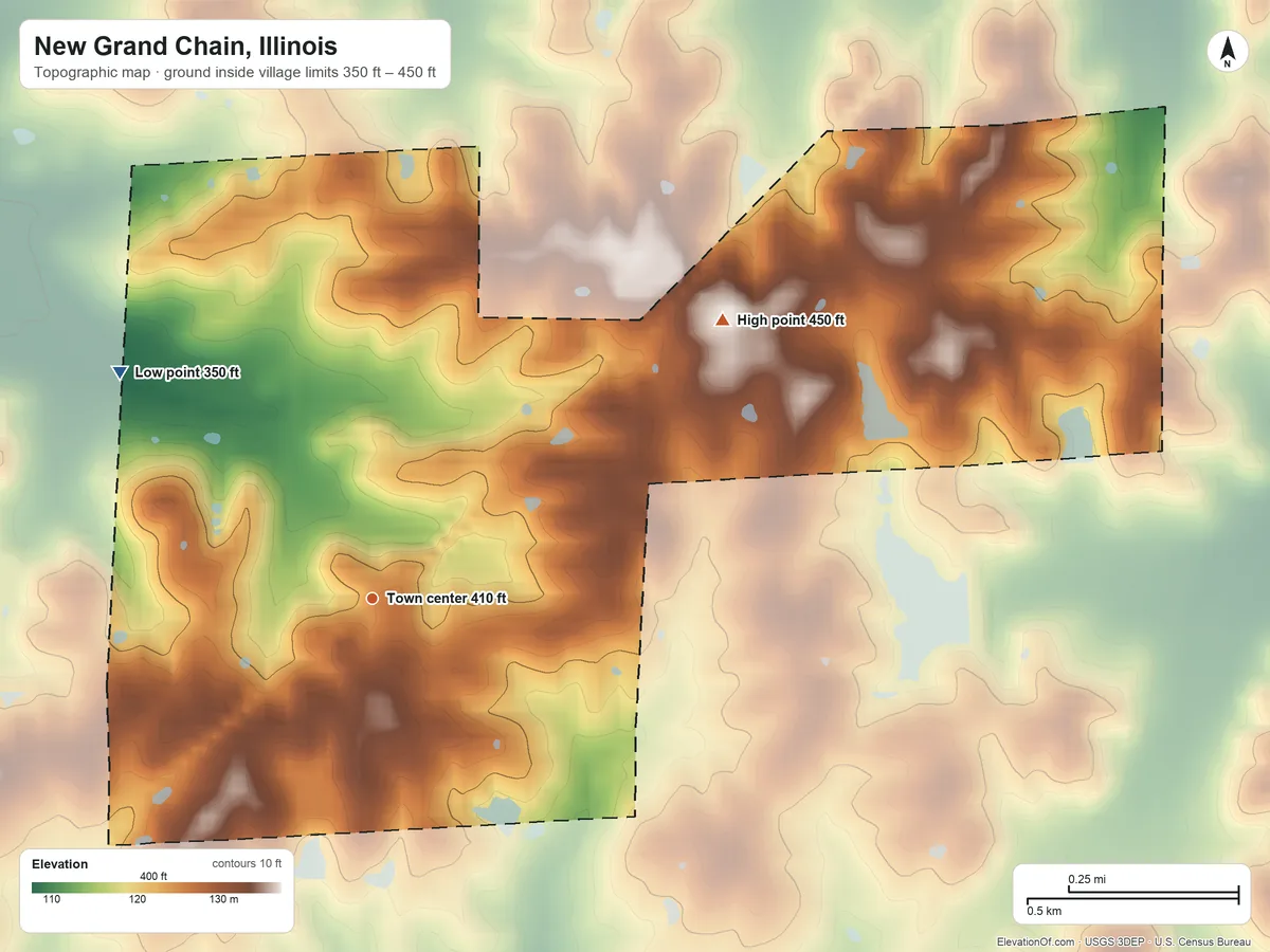 Topographic elevation map of New Grand Chain, Illinois, shaded from 350 ft on the northwest side to 450 ft on the northeast side