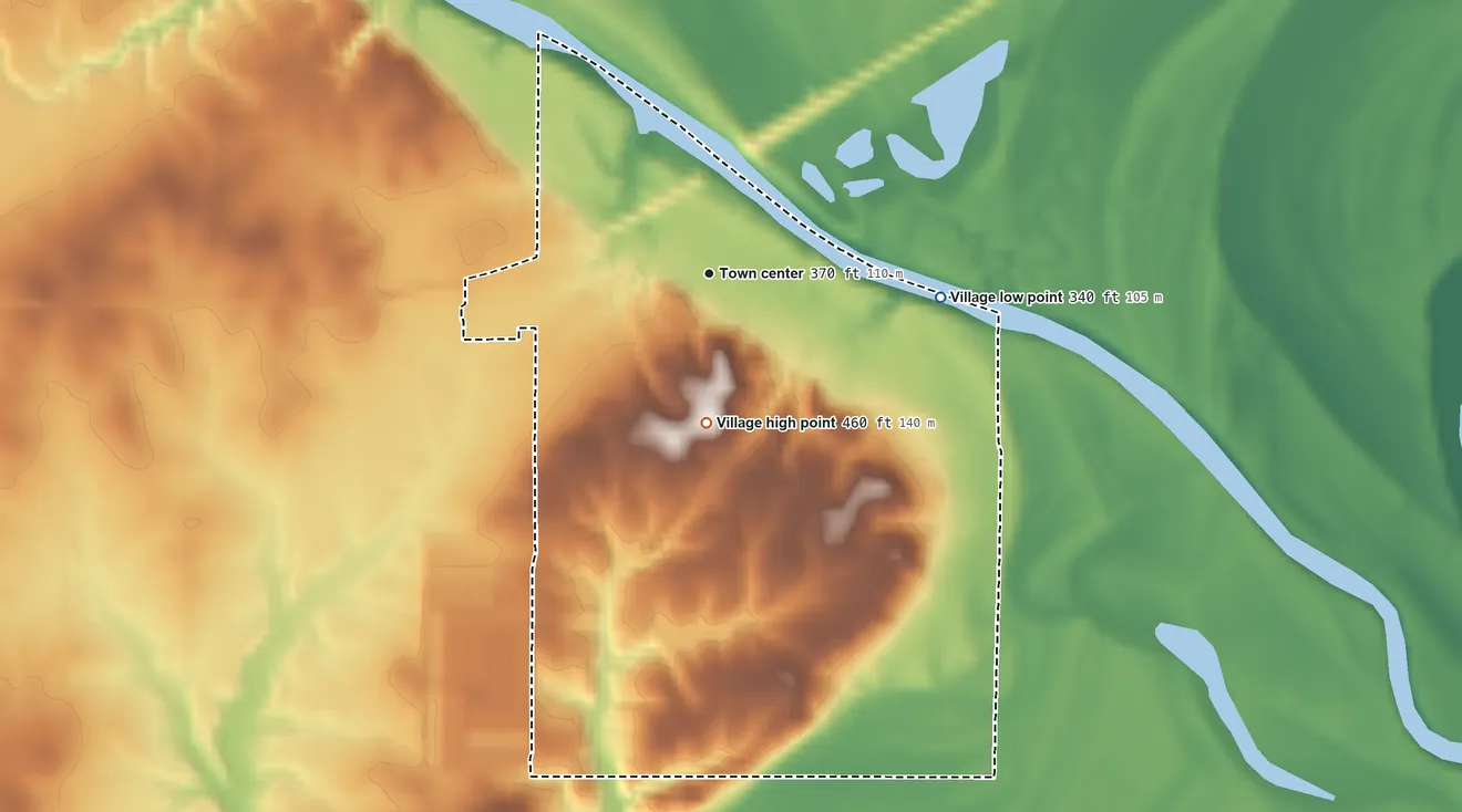 Topographic elevation map of New Haven, Illinois, shaded from 340 ft on the east side to 460 ft on the south side