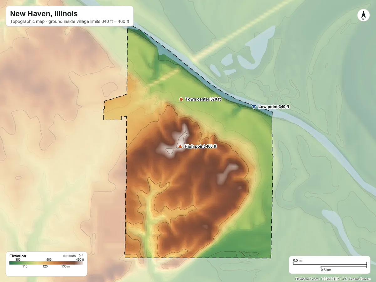 Topographic elevation map of New Haven, Illinois, shaded from 340 ft on the east side to 460 ft on the south side
