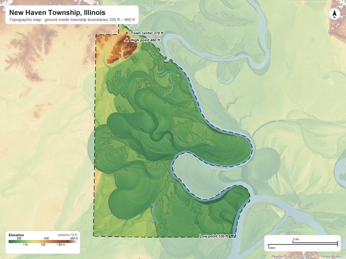 Topographic elevation map of New Haven Township, Illinois, shaded from 330 ft on the southeast side to 460 ft near the middle