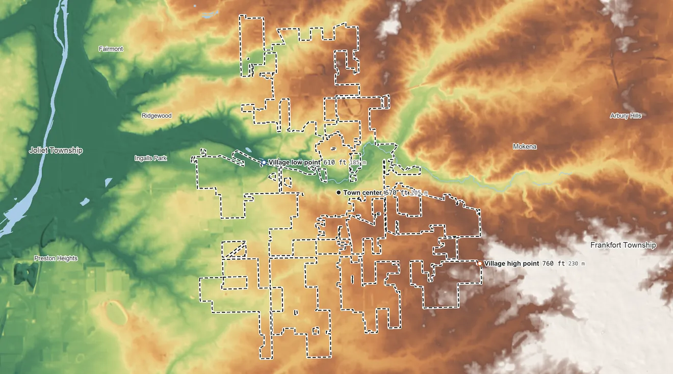 Topographic elevation map of New Lenox, Illinois, shaded from 610 ft on the west side to 760 ft on the southeast side