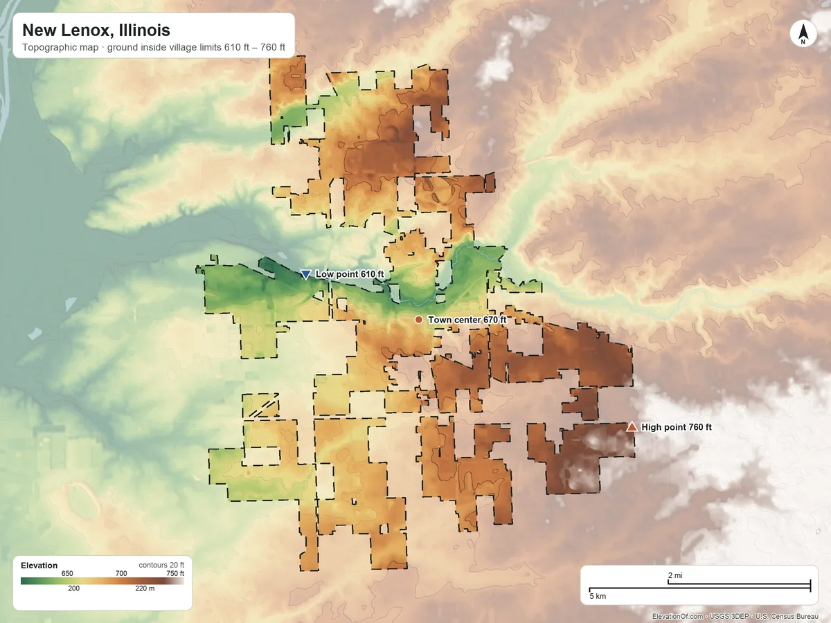 Topographic elevation map of New Lenox, Illinois, shaded from 610 ft on the west side to 760 ft on the southeast side