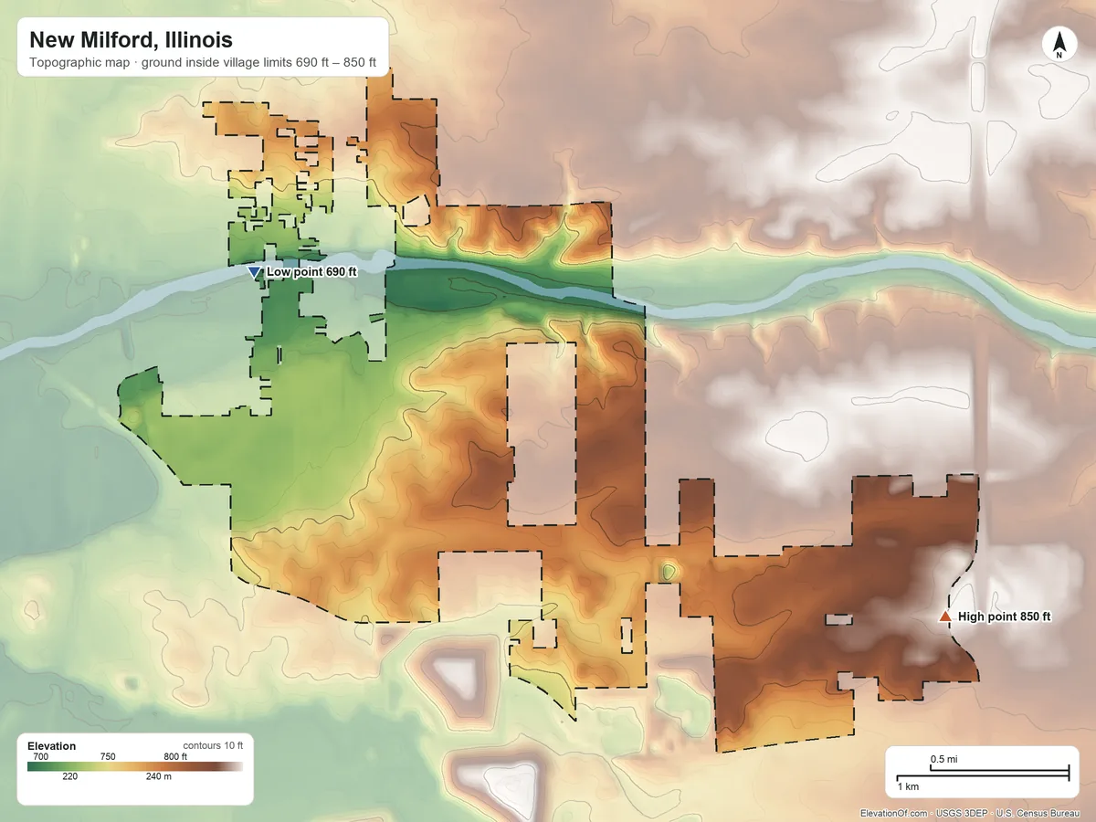 Topographic elevation map of New Milford, Illinois, shaded from 690 ft on the northwest side to 850 ft on the east side
