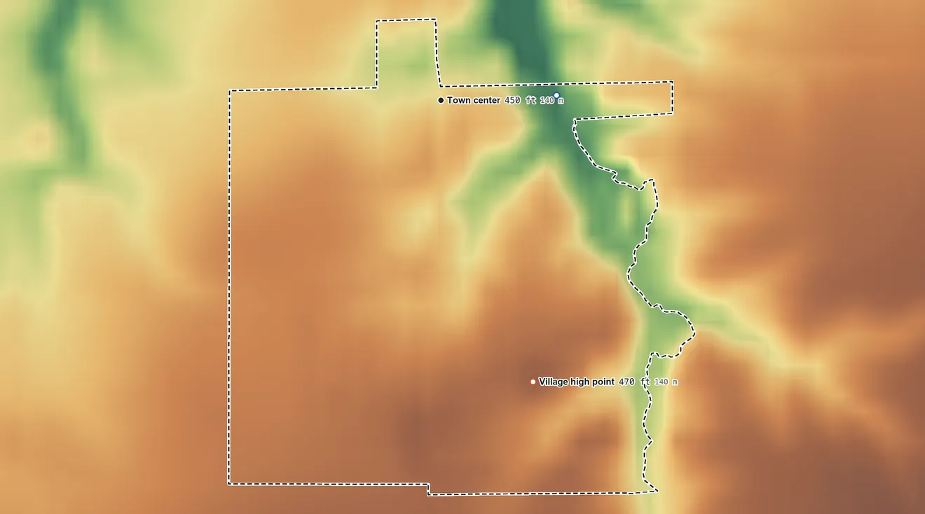 Topographic elevation map of New Minden, Illinois, shaded from 440 ft on the east side to 470 ft on the south side