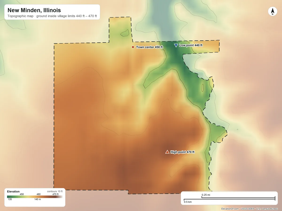 Topographic elevation map of New Minden, Illinois, shaded from 440 ft on the east side to 470 ft on the south side