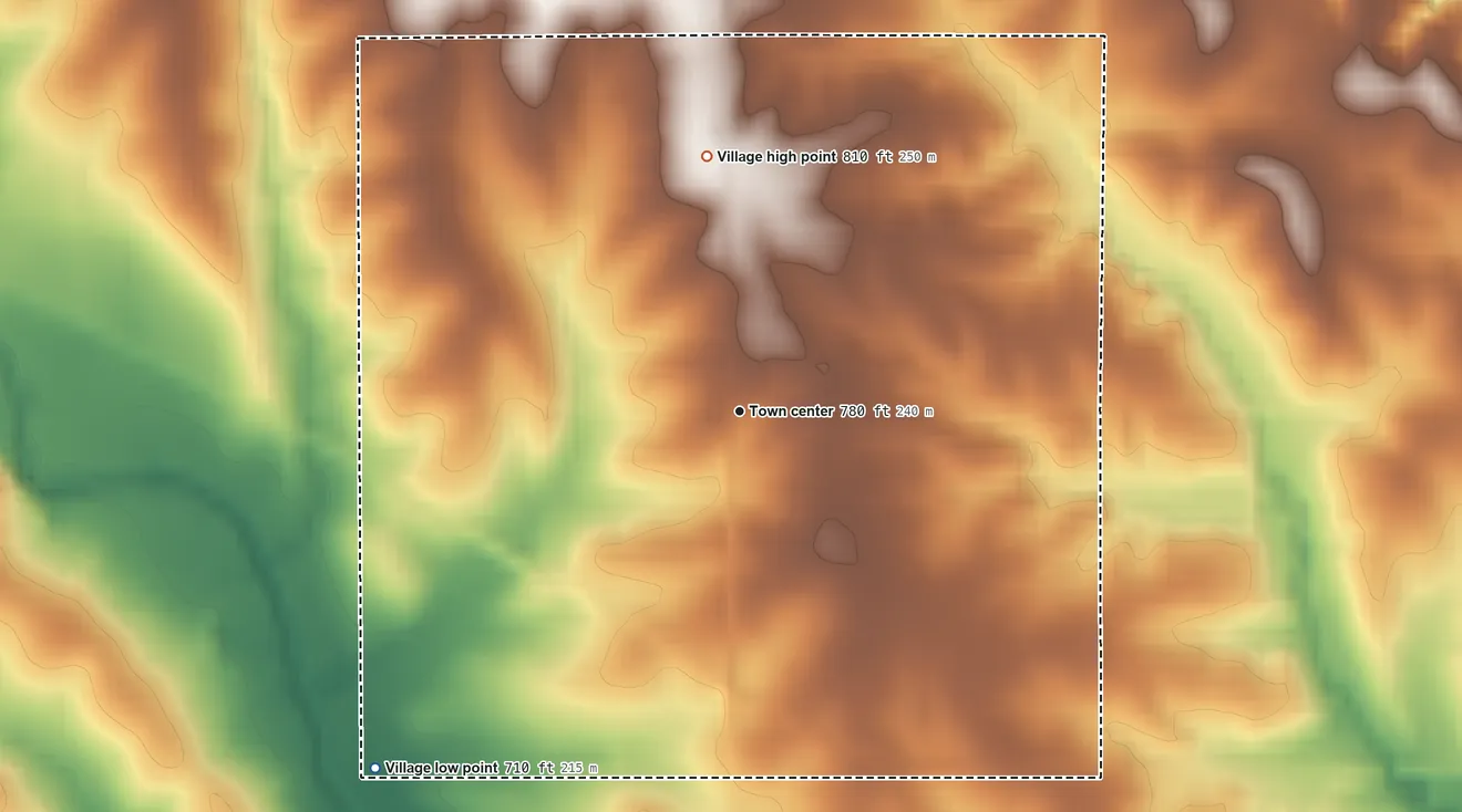 Topographic elevation map of New Salem, Illinois, shaded from 710 ft on the southwest side to 810 ft on the north side