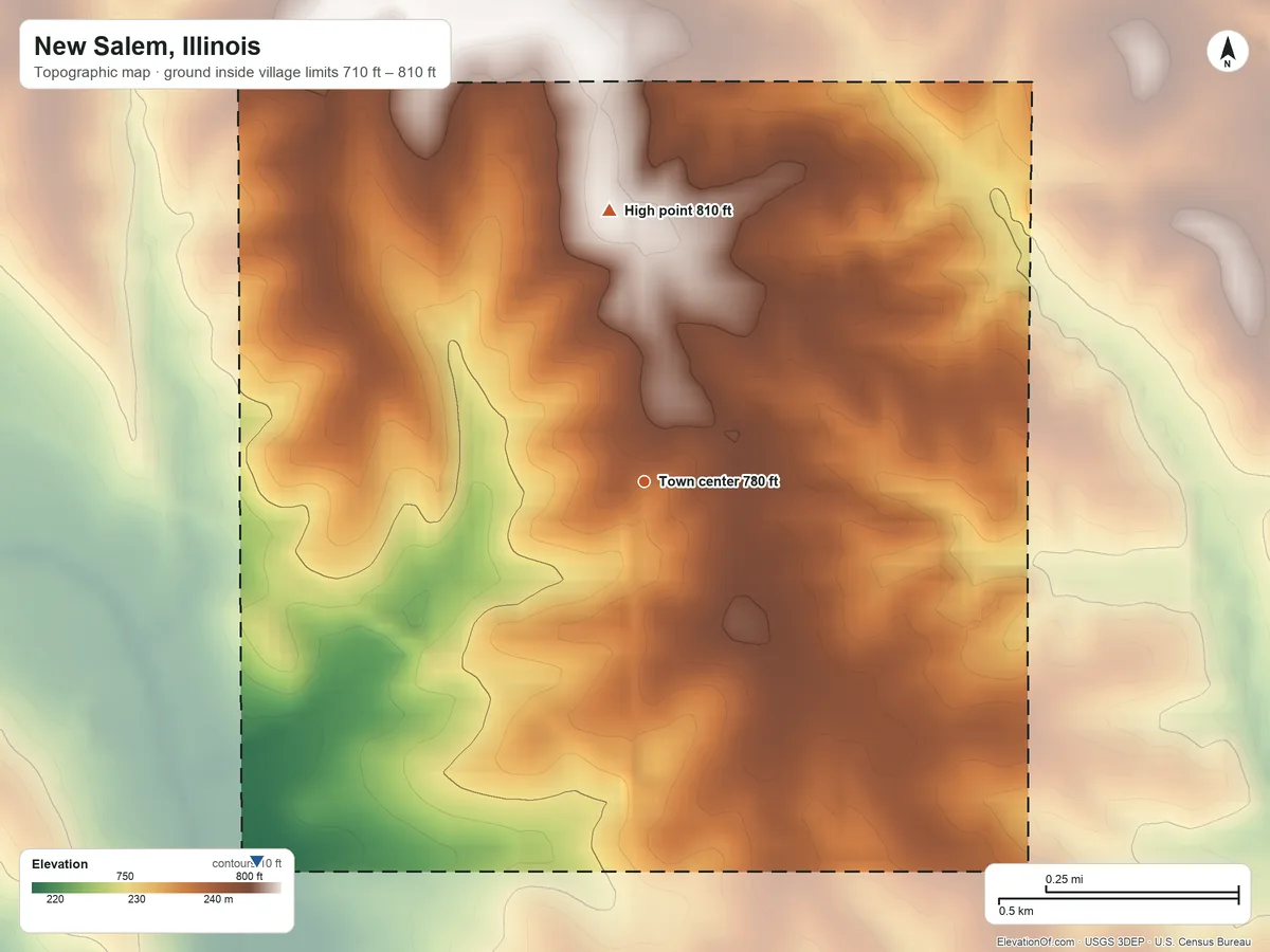 Topographic elevation map of New Salem, Illinois, shaded from 710 ft on the southwest side to 810 ft on the north side