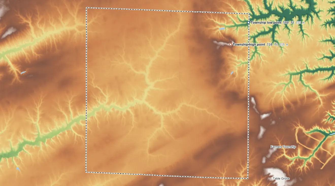 Topographic elevation map of New Salem Township, McDonough County, Illinois, shaded from 580 ft on the northeast side to 710 ft on the northeast side