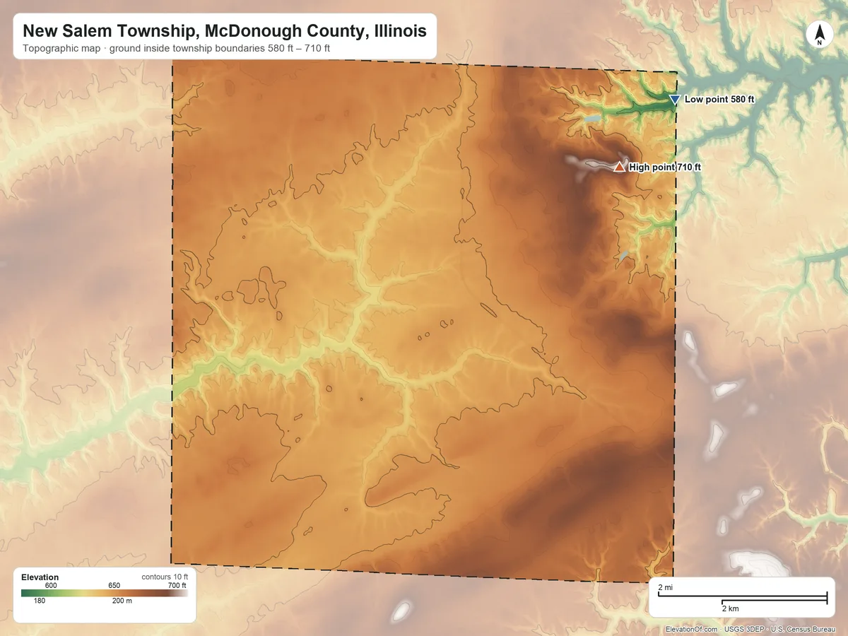 Topographic elevation map of New Salem Township, McDonough County, Illinois, shaded from 580 ft on the northeast side to 710 ft on the northeast side