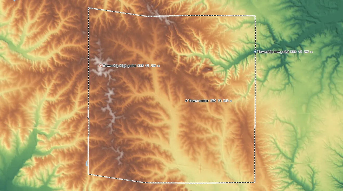 Topographic elevation map of New Salem Township, Illinois, shaded from 580 ft on the northeast side to 880 ft on the west side