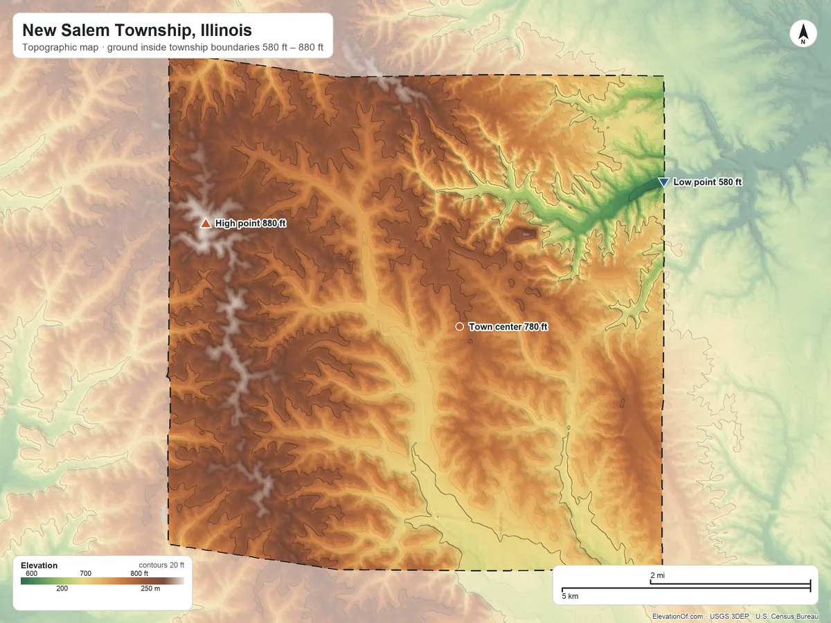 Topographic elevation map of New Salem Township, Illinois, shaded from 580 ft on the northeast side to 880 ft on the west side