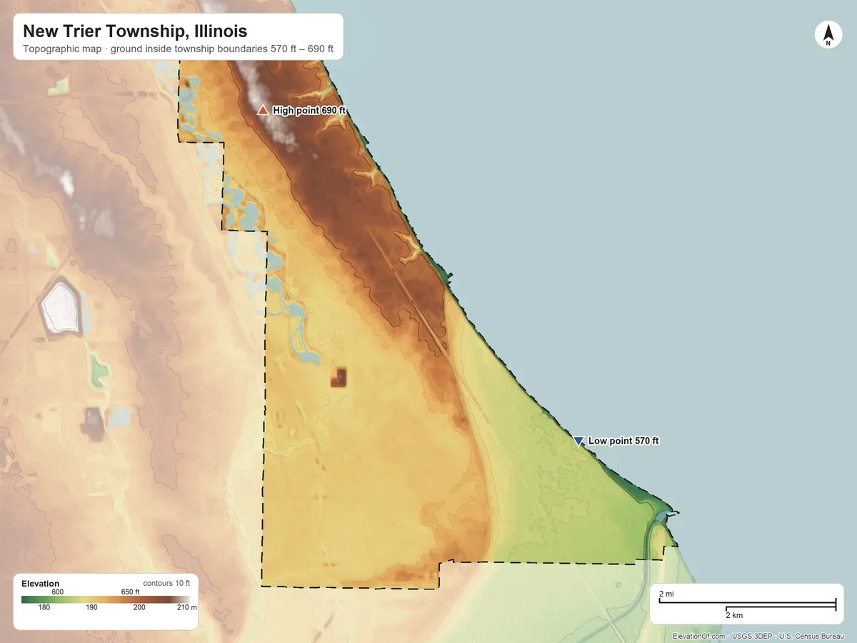 Topographic elevation map of New Trier Township, Illinois, shaded from 570 ft on the east side to 690 ft on the northwest side