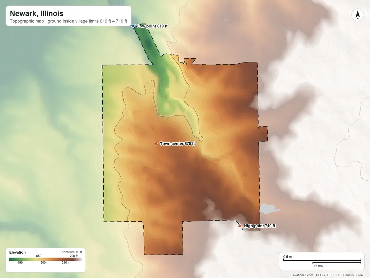 Topographic elevation map of Newark, Illinois, shaded from 610 ft on the north side to 710 ft on the southeast side