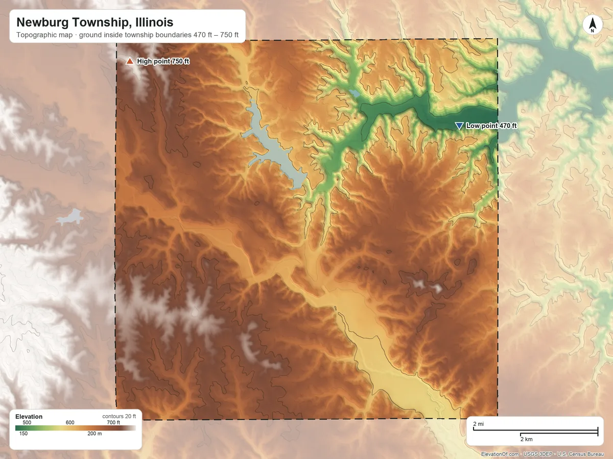 Topographic elevation map of Newburg Township, Illinois, shaded from 470 ft on the east side to 750 ft on the northwest side
