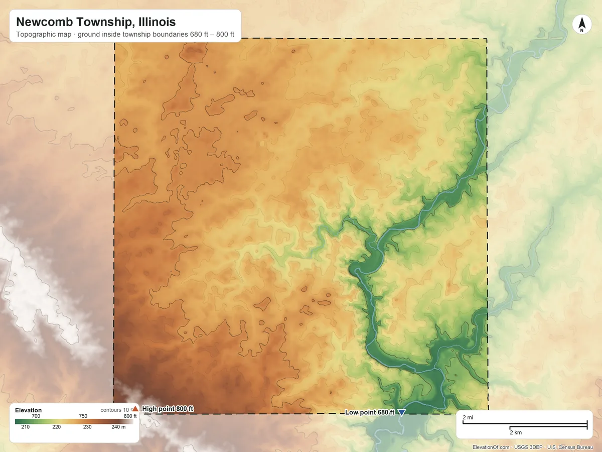 Topographic elevation map of Newcomb Township, Illinois, shaded from 680 ft on the south side to 800 ft on the southwest side