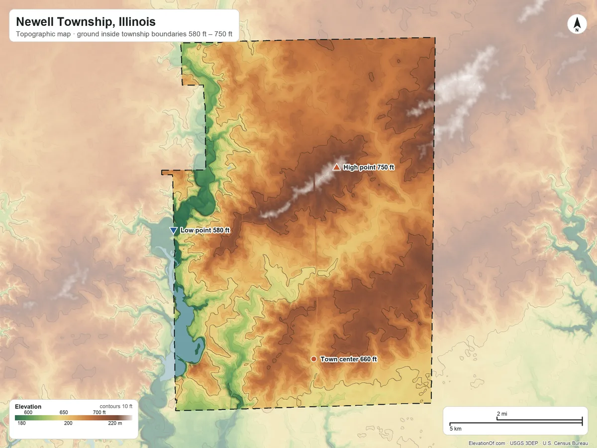 Topographic elevation map of Newell Township, Illinois, shaded from 580 ft on the northwest side to 750 ft on the north side