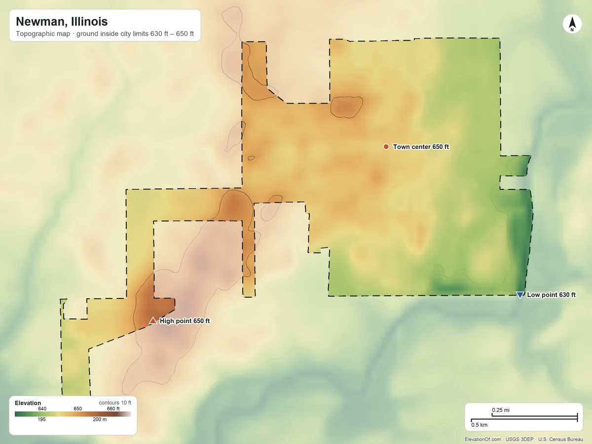 Topographic elevation map of Newman, Illinois, shaded from 630 ft on the southeast side to 650 ft on the southwest side
