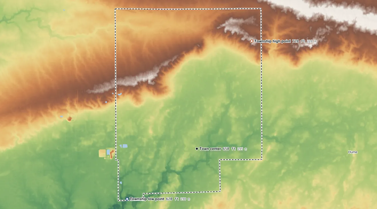 Topographic elevation map of Newman Township, Illinois, shaded from 620 ft on the southwest side to 720 ft on the northeast side