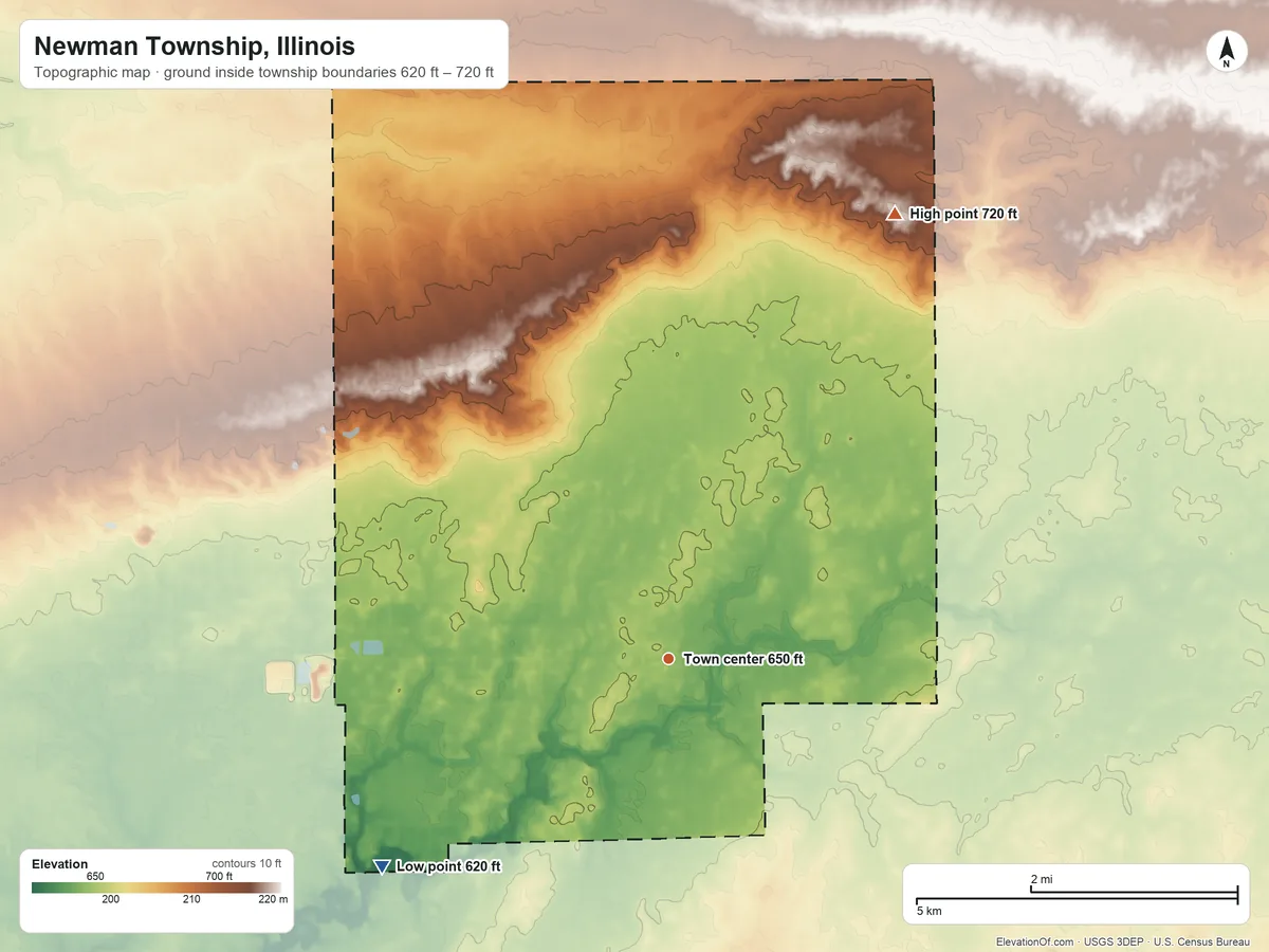 Topographic elevation map of Newman Township, Illinois, shaded from 620 ft on the southwest side to 720 ft on the northeast side