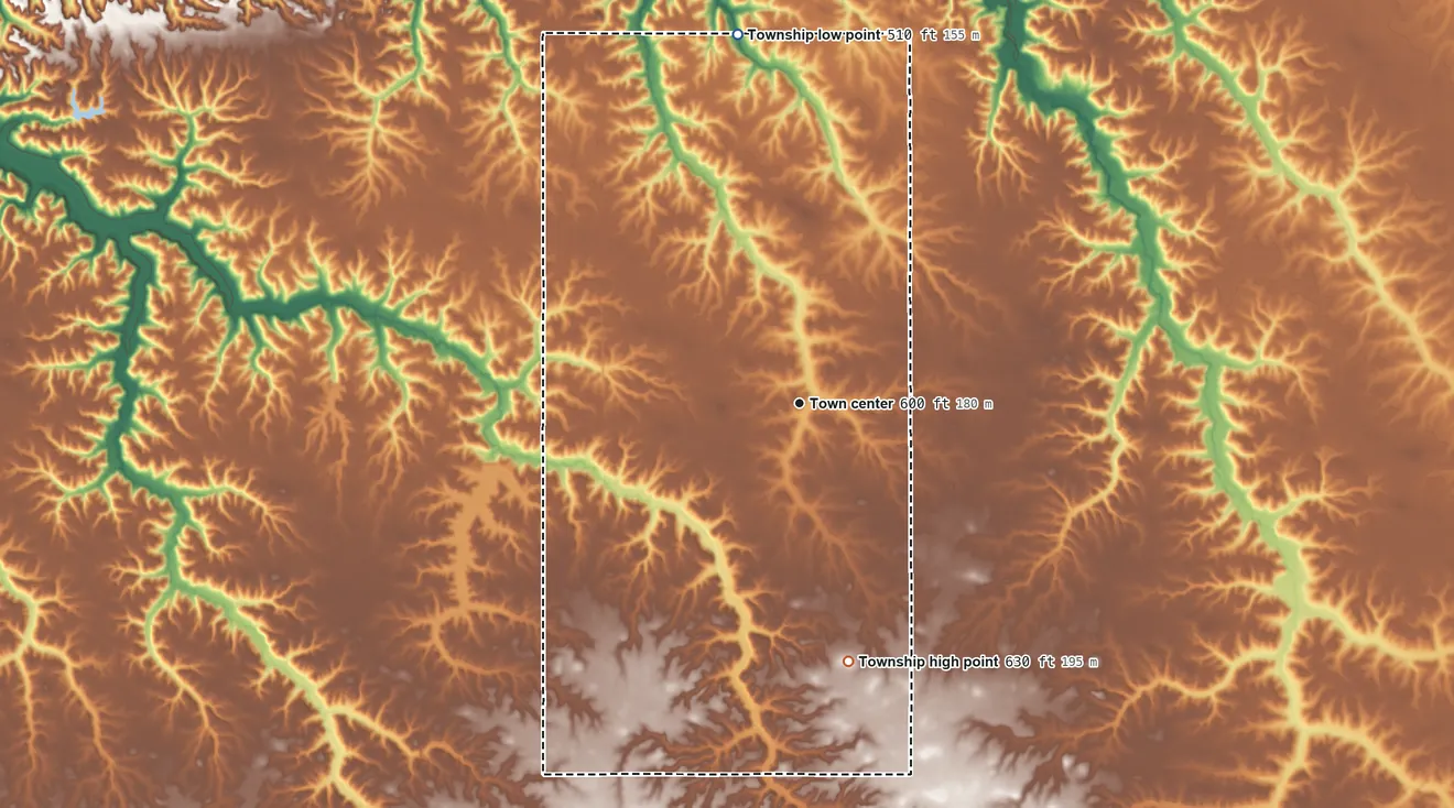 Topographic elevation map of Newmansville Township, Illinois, shaded from 510 ft on the north side to 630 ft on the south side