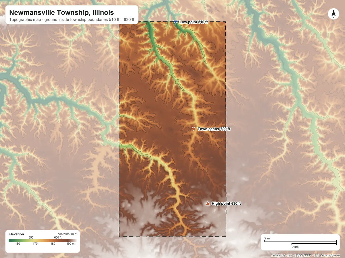 Topographic elevation map of Newmansville Township, Illinois, shaded from 510 ft on the north side to 630 ft on the south side