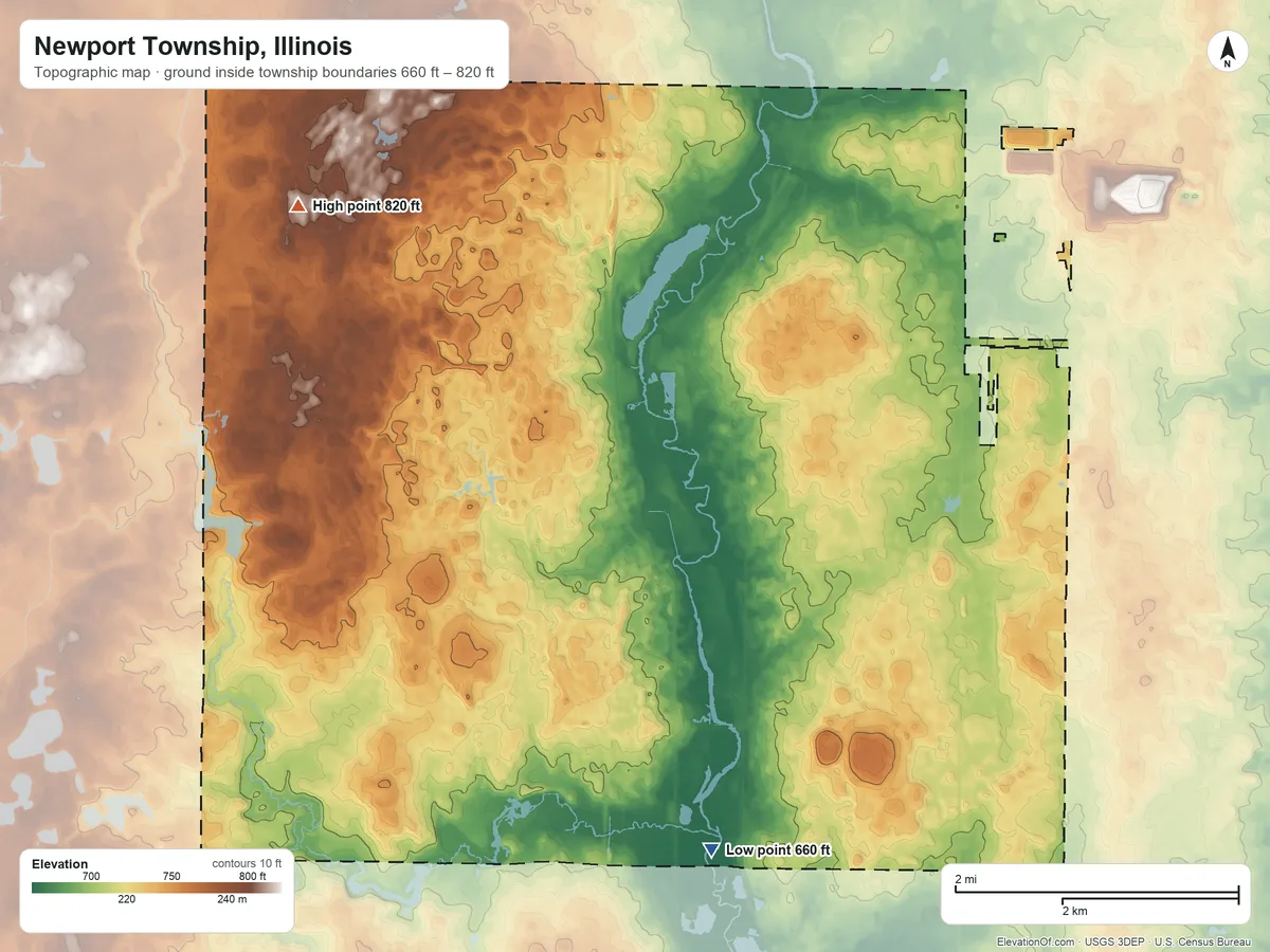 Topographic elevation map of Newport Township, Illinois, shaded from 660 ft on the southwest side to 820 ft on the northwest side