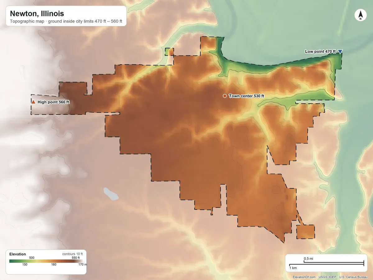 Topographic elevation map of Newton, Illinois, shaded from 470 ft on the east side to 560 ft on the west side
