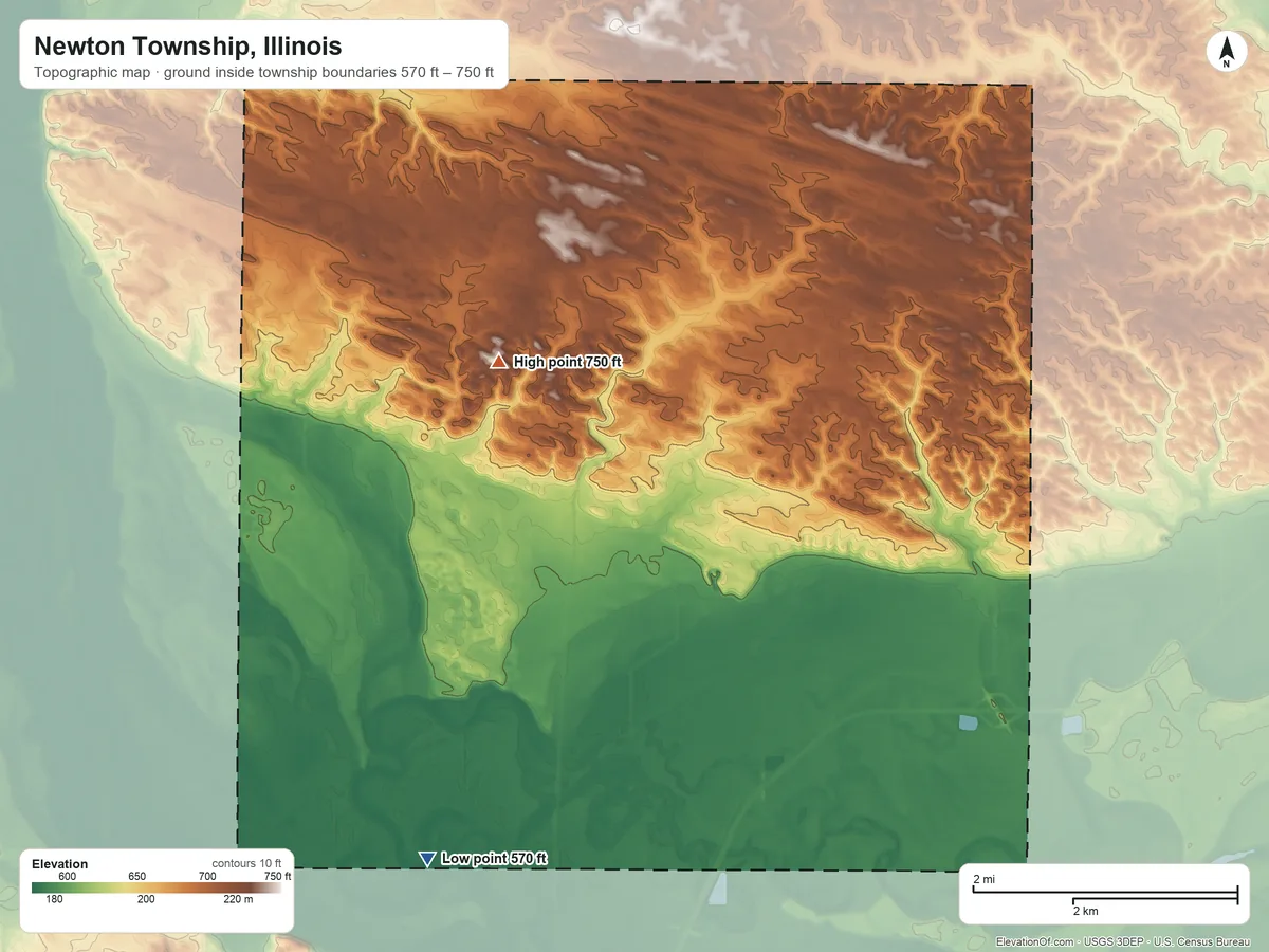 Topographic elevation map of Newton Township, Illinois, shaded from 570 ft on the southwest side to 750 ft on the northwest side