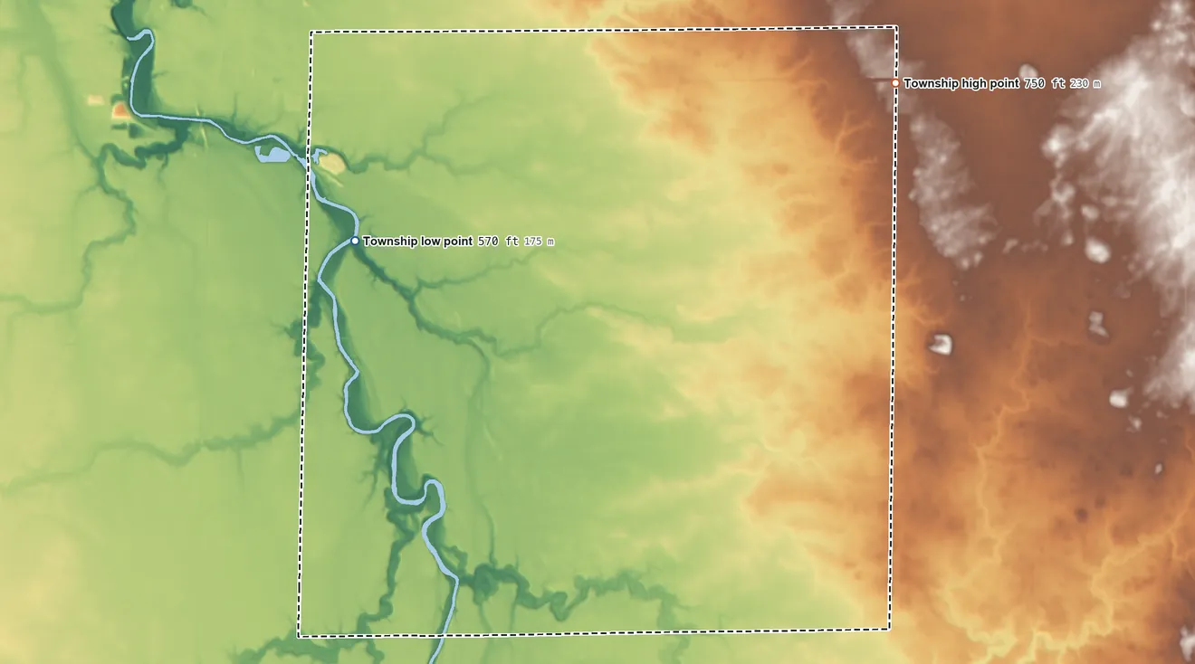 Topographic elevation map of Newtown Township, Illinois, shaded from 570 ft on the northwest side to 750 ft on the northeast side