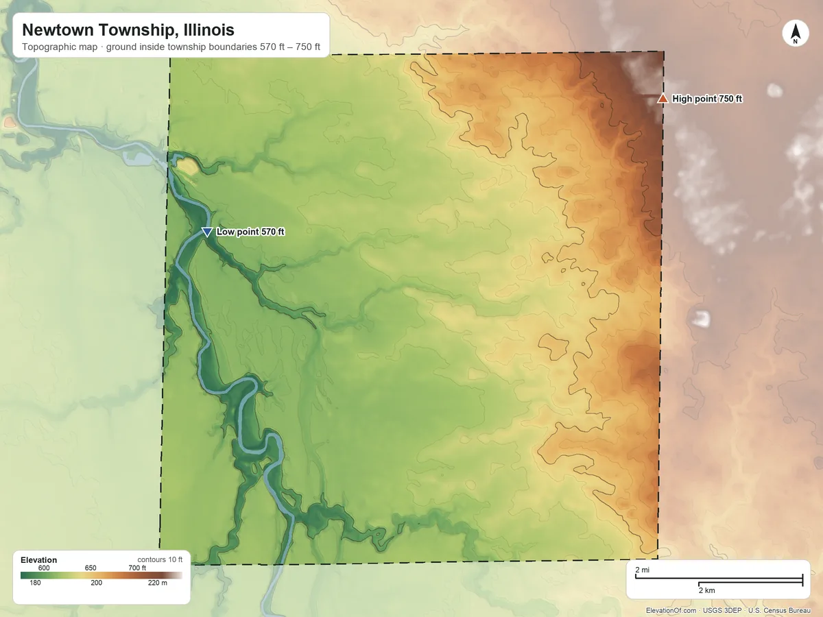 Topographic elevation map of Newtown Township, Illinois, shaded from 570 ft on the northwest side to 750 ft on the northeast side