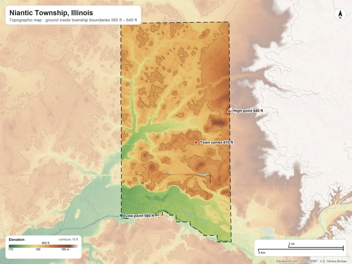 Topographic elevation map of Niantic Township, Illinois, shaded from 560 ft on the southwest side to 640 ft on the northeast side
