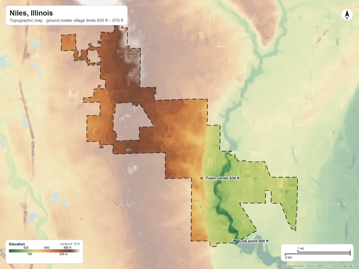 Topographic elevation map of Niles, Illinois, shaded from 600 ft on the southeast side to 670 ft on the northwest side