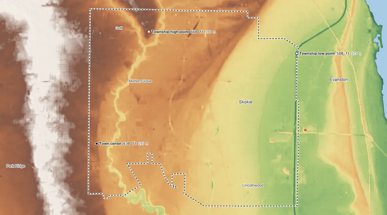 Topographic elevation map of Niles Township, Illinois, shaded from 580 ft on the northeast side to 660 ft on the northeast side