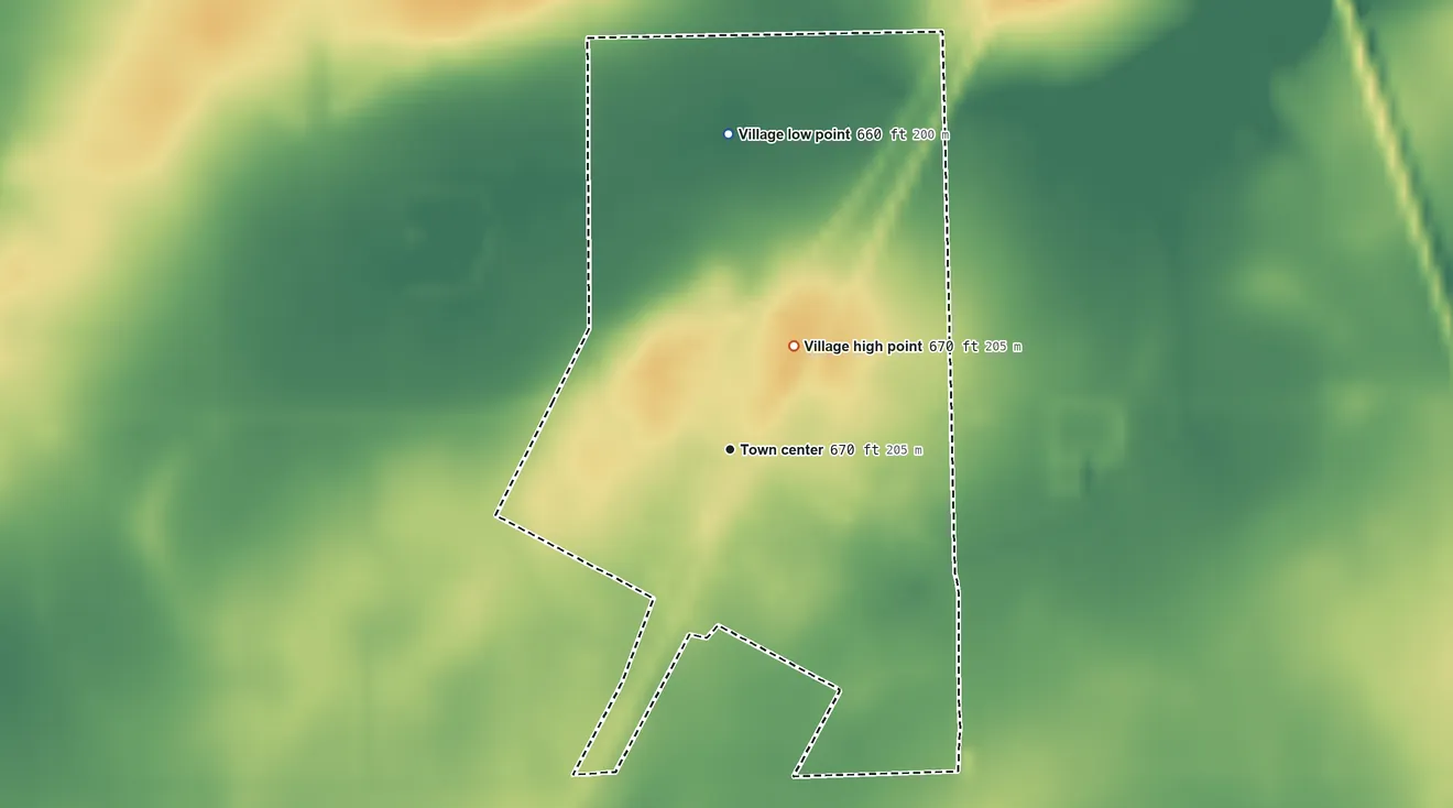 Topographic elevation map of Nilwood, Illinois, shaded from 660 ft on the north side to 670 ft on the northeast side