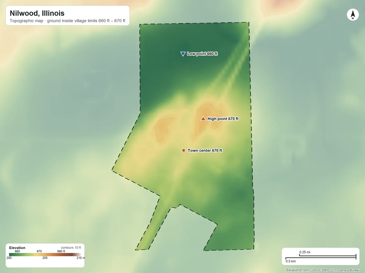 Topographic elevation map of Nilwood, Illinois, shaded from 660 ft on the north side to 670 ft on the northeast side