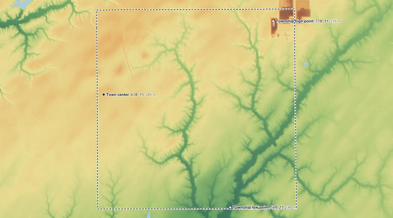 Topographic elevation map of Nilwood Township, Illinois, shaded from 580 ft on the southeast side to 770 ft on the northeast side