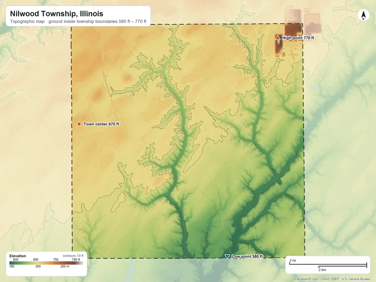 Topographic elevation map of Nilwood Township, Illinois, shaded from 580 ft on the southeast side to 770 ft on the northeast side